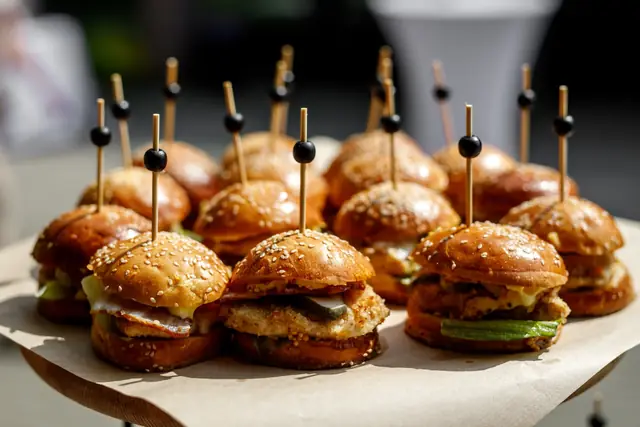 Mini-Burger mit Holzspießen als Fingerfood auf einem Holzbrett